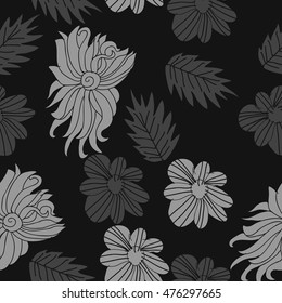 Seamless  pattern of  flowers and leaves. Hand drawn.