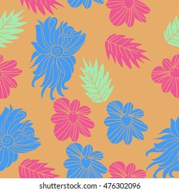 Seamless  pattern of  flowers and leaves. Hand drawn.