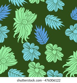 Seamless  pattern of  flowers and leaves. Hand drawn.