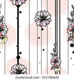 Seamless pattern of flowers, leaves, hand-drawn, cute background for fabrics, clothes, wrapping paper, greeting card.