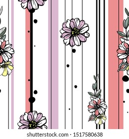 Seamless pattern of flowers, leaves, hand-drawn, cute background for fabrics, clothes, wrapping paper, greeting card.