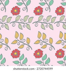 Seamless pattern with flowers and leaves. Hand-drawn illustration.
