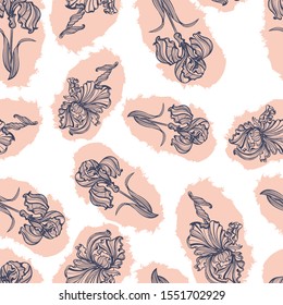 seamless pattern of flowers and leaves of irises in vintage style Art Nouveau