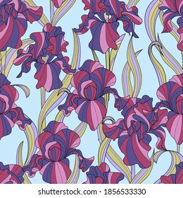 seamless pattern of flowers and leaves of irises in vintage style Art Nouveau and Art Deco with gold. Exquisite botanical background. Hommage Victorian fabric design
