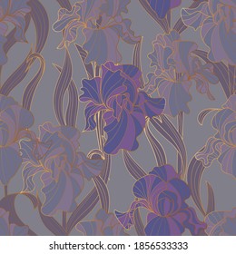 seamless pattern of flowers and leaves of irises in vintage style Art Nouveau and Art Deco with gold. Exquisite botanical background. Hommage Victorian fabric design

