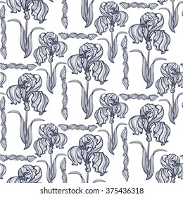 seamless pattern of flowers and leaves of irises in vintage style Art Nouveau