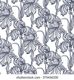 seamless pattern of flowers and leaves of irises in vintage style Art Nouveau