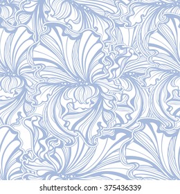 seamless pattern of flowers and leaves of irises in vintage style Art Nouveau