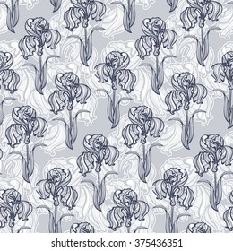 seamless pattern of flowers and leaves of irises in vintage style Art Nouveau