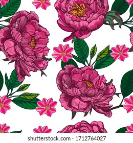 patrón transparente de flores y hojas aisladas en el dibujo manual vectorial de fondo blanco