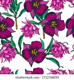 patrón transparente de flores y hojas aisladas en el dibujo manual vectorial de fondo blanco