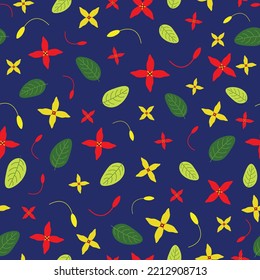 Seamless pattern of flowers and leaves of Ixora coccinea using red, yellow and blue, suitable for background. Print on gift wrap, cloth or book cover etc.