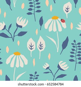 seamless pattern with flowers, leaves and a ladybug