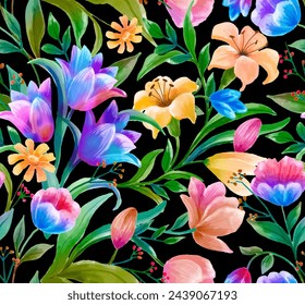 Seamless pattern of flowers with leaves, lily, cornflowers, tulips and ladybug on black. Spring Bouquet Seamless Pattern. Hand Painted Illustration. Watercolor Background.Vector stock. wildflowers.