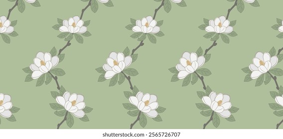 Seamless pattern with flowers and leaves of magnolia. Botanical Background. Vector  illustration. Suitable for printing on fabric and paper, postcards, wrapping paper, gift wrapping and wallpaper