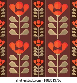 Seamless pattern flowers and leaves. Mid-century modern art vector background. Abstract geometric. Tulips decorative ornament in retro vintage design style. Floral spring, summer, autumn.