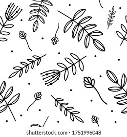 Patrón sin foco con flores y hojas. 
La moderna ilustración botánica vectorial para diseño de superficie, impresión, tela, diseño de embalaje, etiquetas de verano. Aislado sobre fondo blanco.