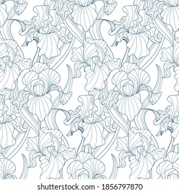 seamless pattern of flowers and leaves of monochrome irises in vintage style Art Nouveau and Art Deco. Exquisite botanical background. Hommage Victorian fabric design