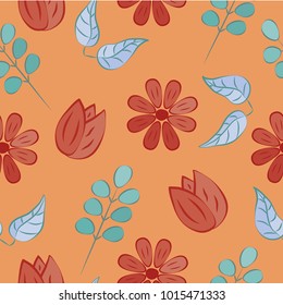 
Seamless pattern with flowers and leaves on an orange background vector illustration