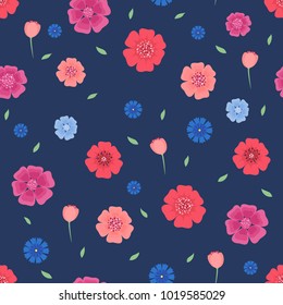 Seamless pattern with flowers and leaves on dark blue background . Vector illustration