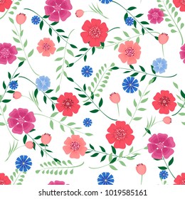 Seamless pattern with flowers and leaves on white background . Vector illustration.