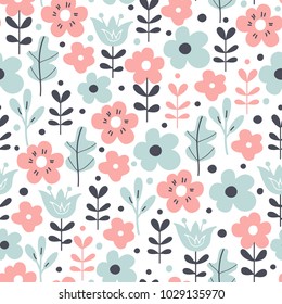 Seamless pattern with flowers and leaves on white background. Vector floral background.