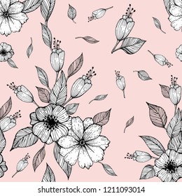 Seamless pattern with flowers and leaves on a pink background. Vector illustration