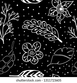 Seamless pattern with flowers and leaves on a white outline isolated on black background. Doodle style. EPS10