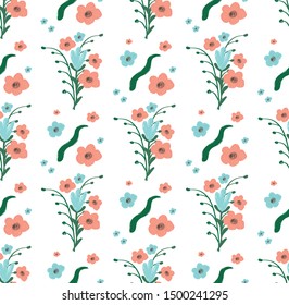 Seamless Pattern of Flowers with Leaves on White Background. Cute Creative Floral Texture for Fabric or Textile. Elegant Botanical Plants Ornament, Wallpaper Print. Cartoon Flat Vector Illustration