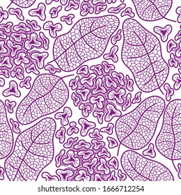 Seamless pattern with flowers and leaves on a white background. In the outline style. Gentle spring theme. For textiles, Wallpapers, banners, backgrounds, and other designs. Vector illustration.