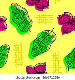 Patrón inoxidable con flores y hojas sobre un fondo amarillo brillante. En el estilo de esquema. Para textiles, fondos de escritorio, banners, fondos y otros diseños. Ilustración vectorial.