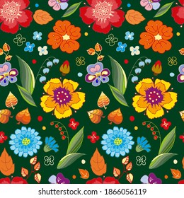 patrón ininterrumpido de flores y hojas sobre un fondo oscuro