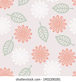 Seamless pattern with flowers and leaves on a gray background. Vector floral illustration.