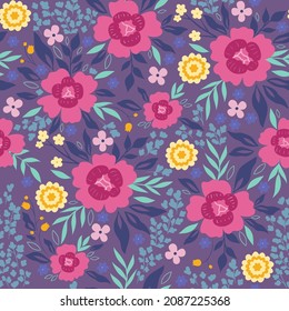 Patrón sin foco con flores y hojas sobre un fondo lila. Gráficos vectoriales.