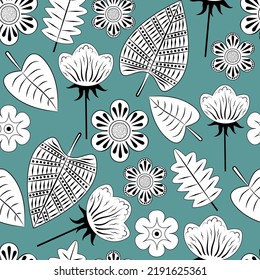 Seamless pattern of flowers and leaves on a dark green background. Vector illustration.
