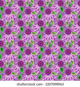 Patrón sin foco con flores y hojas sobre un fondo lila. Dibujo para tela, textiles, papel pintado, cubiertas, raspado