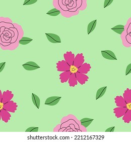 Seamless pattern with flowers and leaves on a green background. Gentle vector wallpaper in hand-drawn flat style. Perfect for textiles, clothing, stationary, tableware design