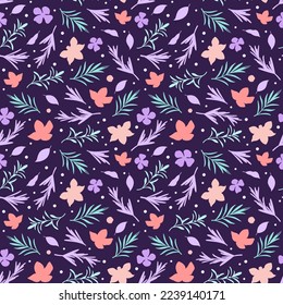 Nahtloses Muster mit Blumen und Blättern auf dunklem Hintergrund.

