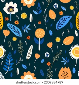 Seamless pattern with flowers and leaves on dark blue background