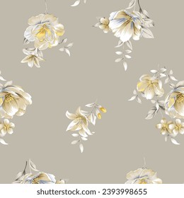 Seamless pattern with flowers and leaves on white background, watercolor floral pattern, tile for wallpaper, card or fabric. Splash paint. Vector Illustration