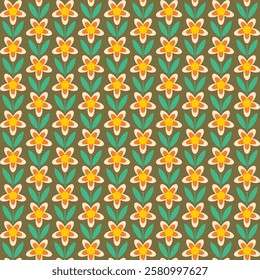 Seamless pattern with flowers and leaves on green background. Vector illustration.