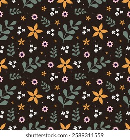 Seamless pattern with flowers and leaves on a dark background