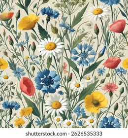 A seamless pattern of flowers and leaves on a beige background