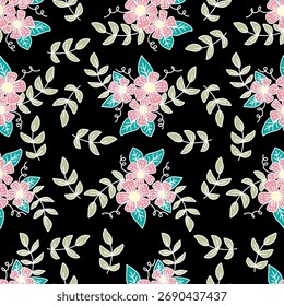 Seamless pattern with flowers and leaves on a black background.