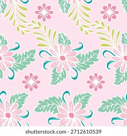 Padrão sem emenda com flores e folhas em um fundo rosa.