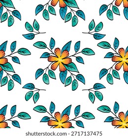 Patrón sin fisuras con flores y hojas sobre un fondo blanco.