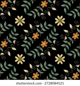 Padrão contínuo com flores e folhas em fundo preto. Ilustração vetorial.