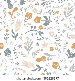 Seamless pattern, flowers and leaves on white background
