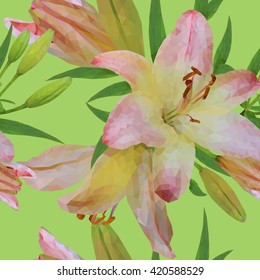 Seamless pattern of flowers and leaves on pistachio background. Vector floral set. Colorful pink floral texture with leaves and flowers.