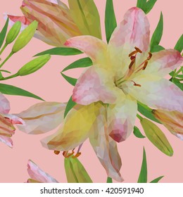 Seamless pattern of flowers and leaves on pink background.